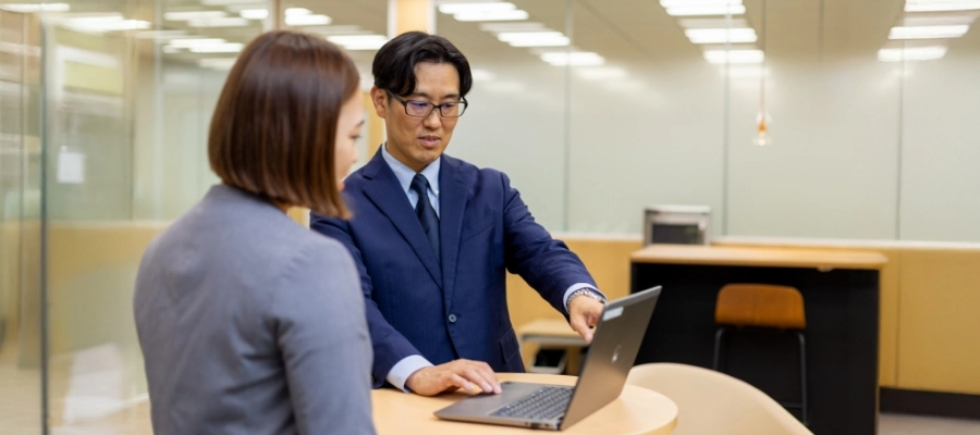 S.K.さん仕事風景　パソコンを指さしながら、スタッフと会話している写真